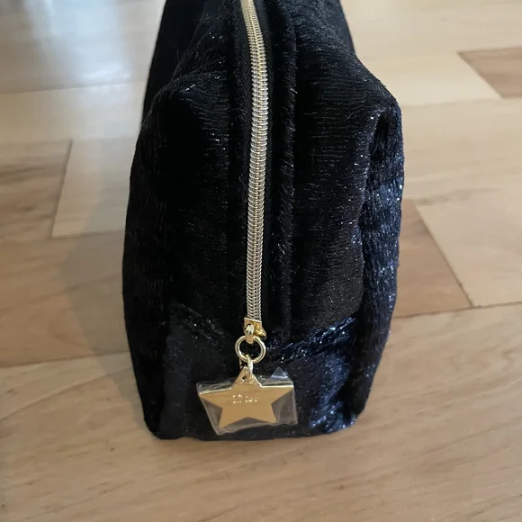 Christian Dior Black Shimmer Cosmetic Pouch CD Logo Star Zipper New - Picture 2 of 5
